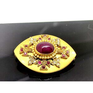 Cabochon Red Gemstone Diamond Victorian Antique Brooch 18k Yellow Gold Estate